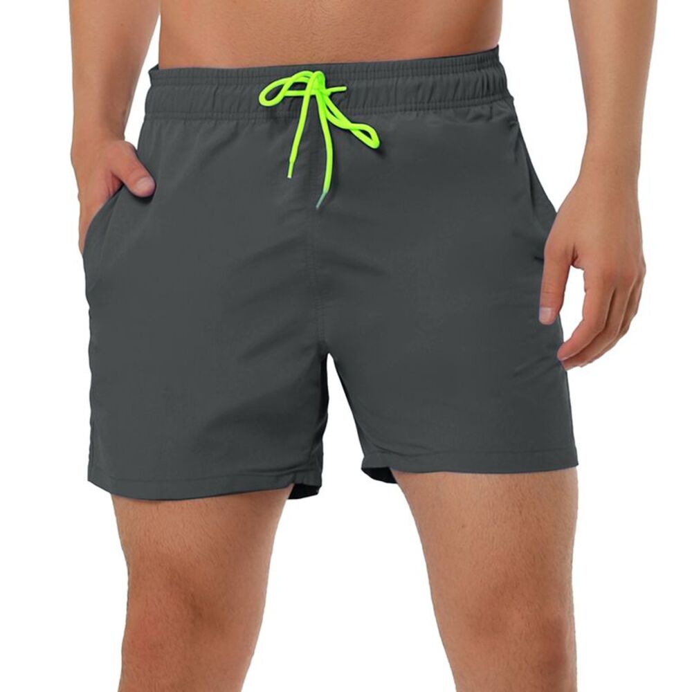 Men's Summer Beach Solid Color Mesh Lining Drawstring Waist Swim Shorts Gray
